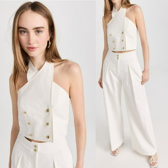 Rosetta Getty Tops - Rosetta Getty White Cotton Linen Button Criss Cross Halter Top Gold Buttons Chic